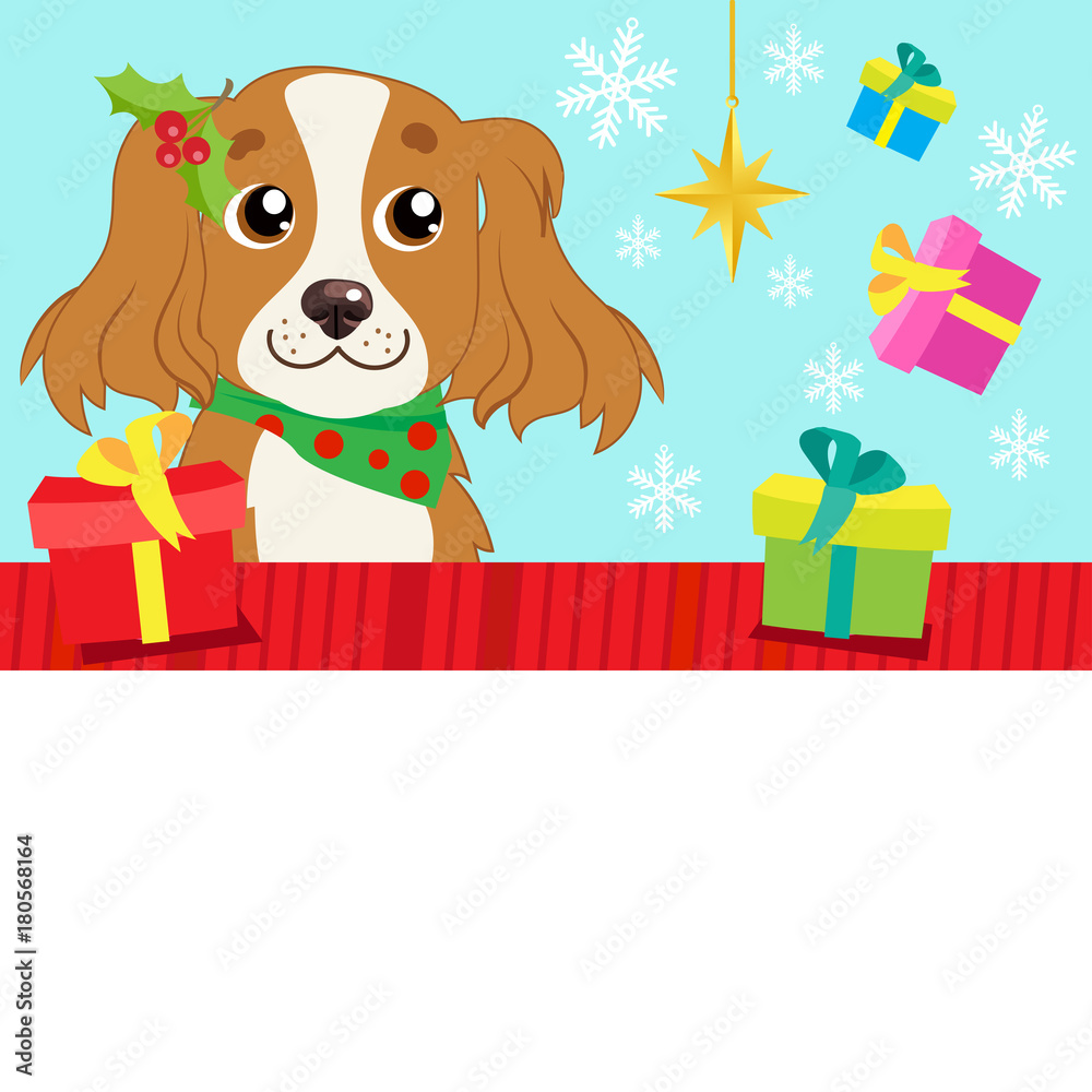 On The Eve. Cartoon Dog With Gift And Space For Your Christmas Text Vector Banner. Holiday Winter Background. Great Holiday. On The Eve. Cartoon Dog With Gift And Space For Your Christmas Text Vector Banner. Holiday Winter Background. Great Holiday.