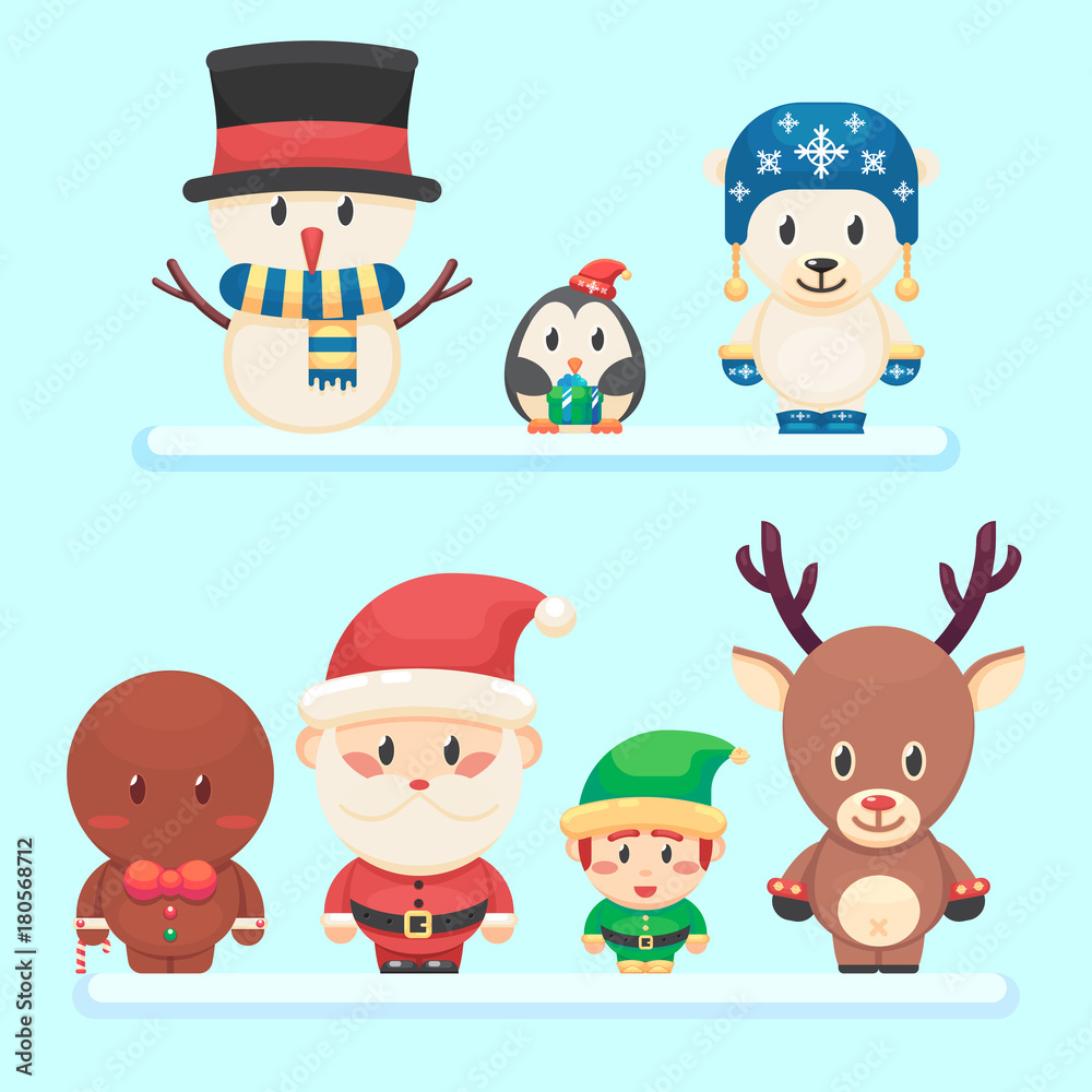 Cute Santa, little funny elf, polar bear, penguin, snowman ginger man. Christmas character set. Vector colorful illustration in flat style