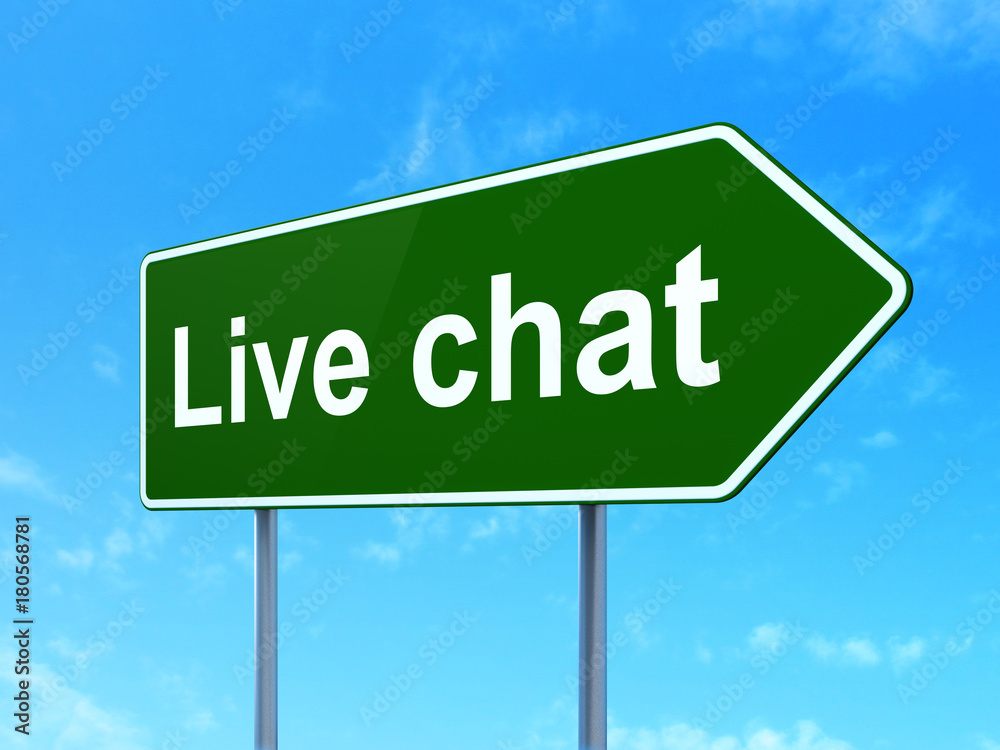 Web design concept: Live Chat on green road highway sign, clear blue sky background, 3D rendering Web design concept: Live Chat on green road highway sign, clear blue sky background, 3D rendering