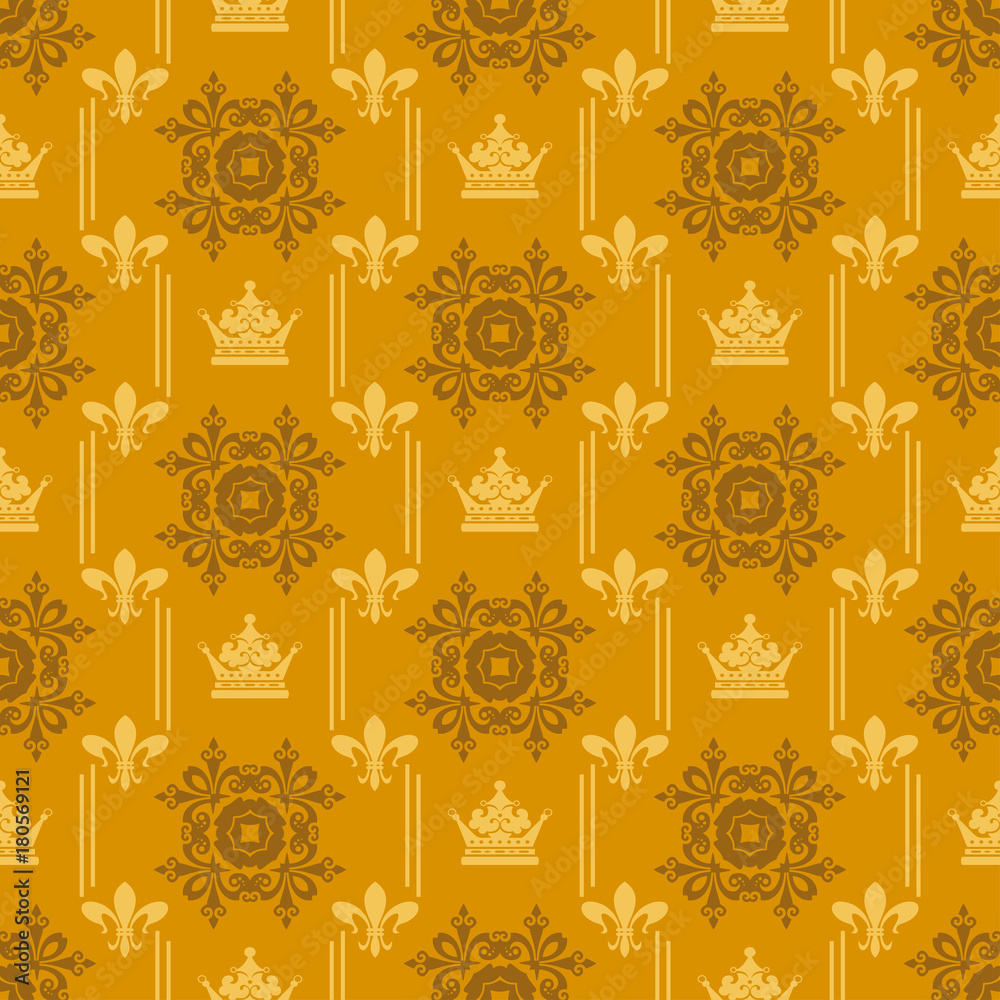 Seamless pattern for wallpaper, interior design. Gold symmetric background in vintage style. Vector illustration