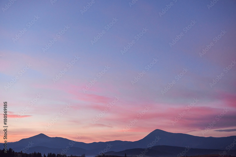Scenic view of sunrise mountains at Carpathian, Ukraine. The landscape of mountain which including of copy-space for text