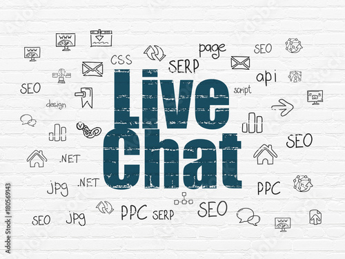 Web development concept  Painted blue text Live Chat on White Brick wall background with  Hand Drawn Site Development Icons
