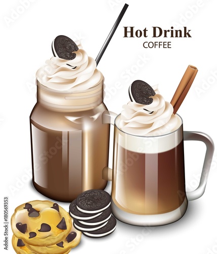 Hot chocolate drink with cookies Vector. Realistic cocktail design glasses