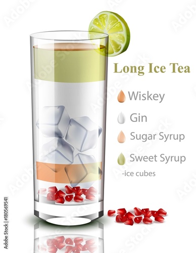 Long Ice tea Vector. Realistic Glass of cocktail mixture Vector. drink recipes for menu, pages, layouts