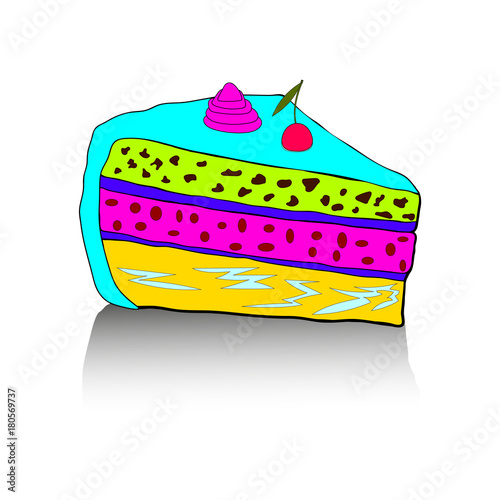 Vector illustration of stylized piece of delicious cake dessert with cream and cherry