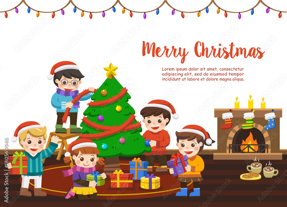 Naklejka premium Happy Family, Celebrating merry christmas scene,Kids decorating a Christmas tree and exchanging xmas presents on the floor at fireplace. Vector Illustration.