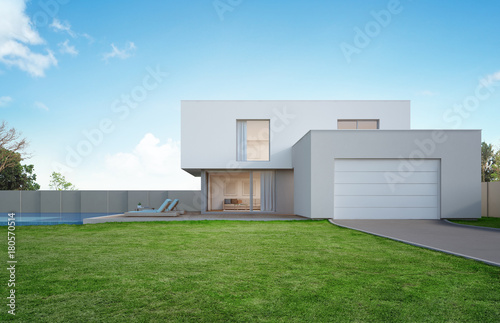 Luxury house with swimming pool and terrace near lawn in modern design, Empty front yard at vacation home or holiday villa for big family - 3d illustration of new residential building exterior © terng99