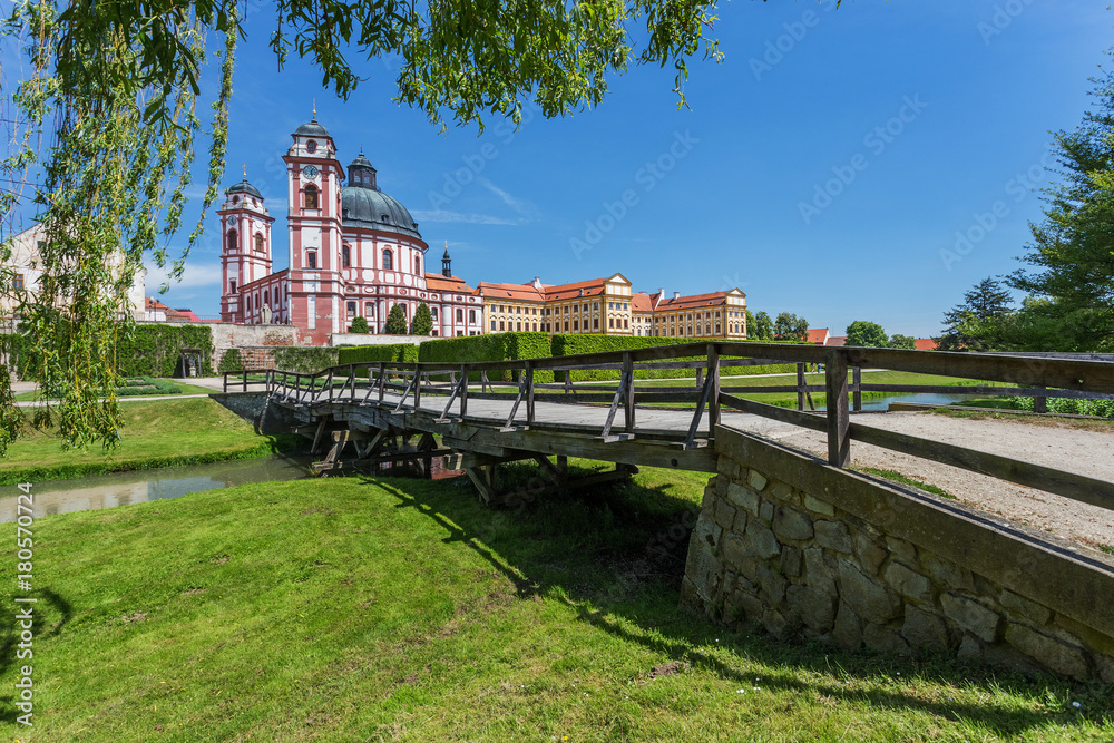 Jaromerice nad Rokytnou castle with wooden bridge in foreground. Travel destination in Czech Republic, Europe