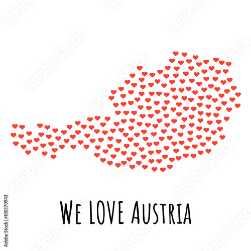 Canvas Print Austria Map with red hearts - symbol of love. abstract background