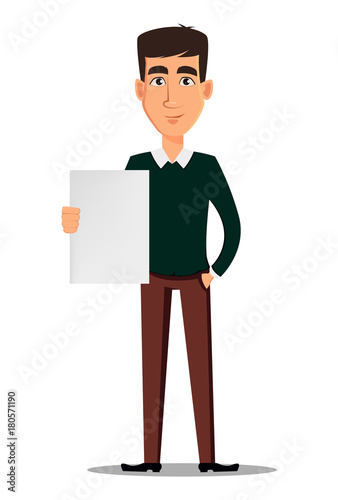 Young handsome smiling businessman in smart casual clothes holding blank placard