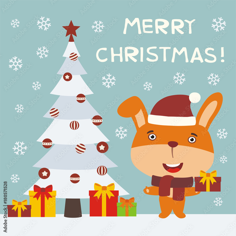 Merry Christmas! Cute bunny rabbit with gift near the Christmas tree. Greeting card with funny bunny rabbit in cartoon style.