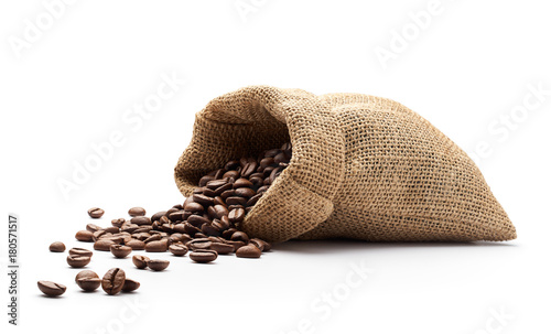 Coffee beans spilled out from burlap sack
