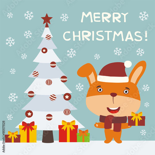 Merry Christmas  Cute bunny rabbit with gift near the Christmas tree. Greeting card with funny bunny rabbit in cartoon style.