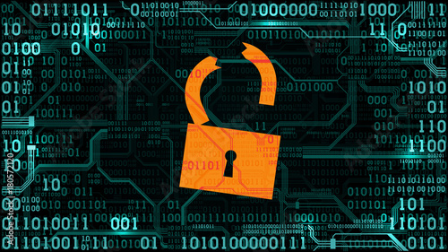 Broken lock on the background abstract electronic circuit board with binary code, hacking of a computer system, network, frame, well organized layers