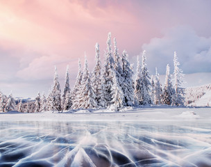 Mysterious winter landscape majestic mountains in winter. Magical winter snow covered tree. Photo greeting card. Bokeh light effect, soft filter.