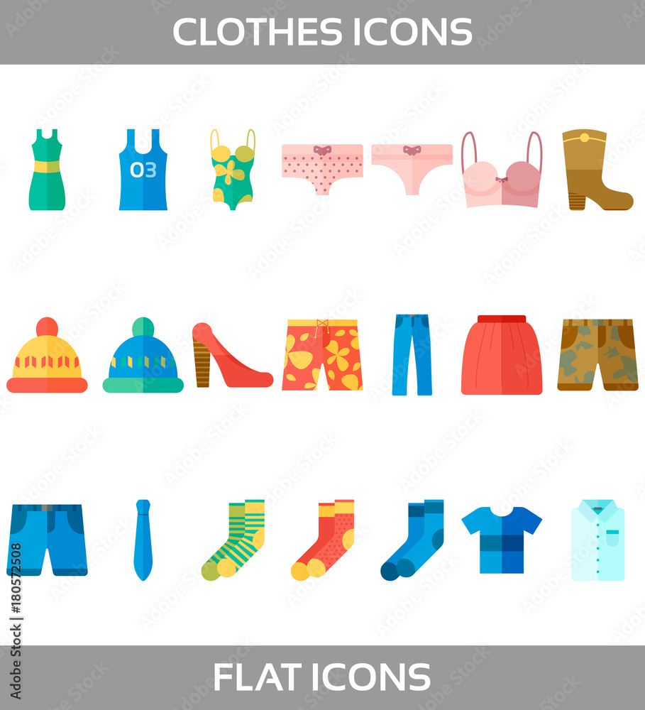 Simple Set of Clothes and shopping Vector flat without outline Icons. Contains such Icons as t-shirt, boots, shoes, pants, shorts, jeans, swimming suit, socks, hat, underwear and more. Simple Set of Clothes and shopping Vector flat without outline Icons. Contains such Icons as t-shirt, boots, shoes, pants, shorts, jeans, swimming suit, socks, hat, underwear and more.