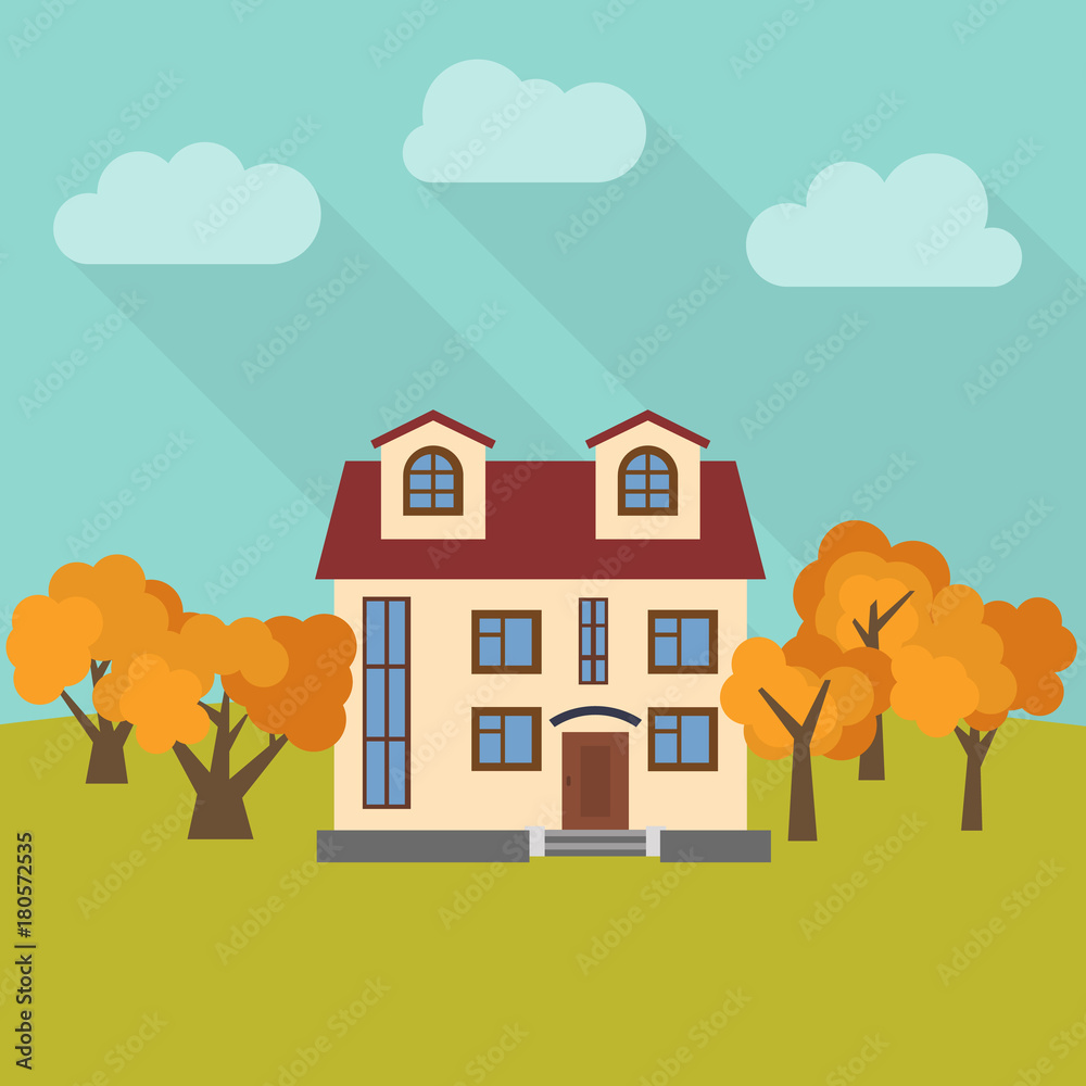 Lone two-storey house in a field with five yellow trees. Vector illustration.
Lone two-storey house in a field with five yellow trees. Vector illustration.