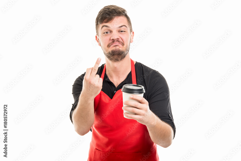 Arrogant supermarket employer showing obscene gesture holding coffee Arrogant supermarket employer showing obscene gesture holding coffee
