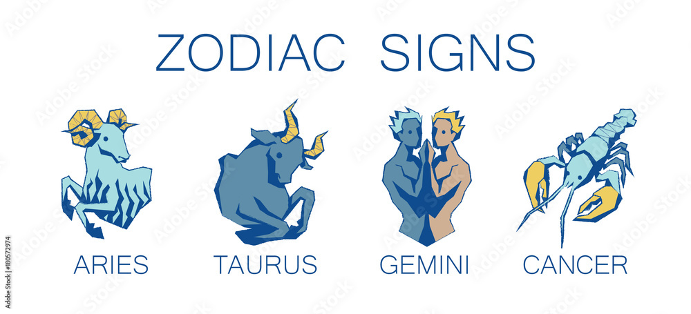 Collection of Zodiac Signs. Vector Illustration of First Four Zodiacal Simbols.