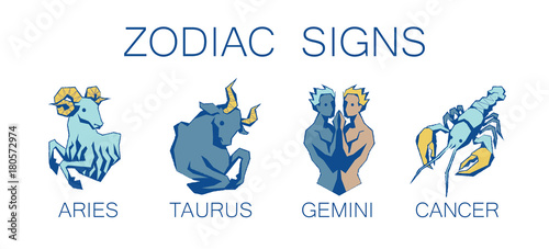 Collection of Zodiac Signs. Vector Illustration of First Four Zodiacal Simbols.