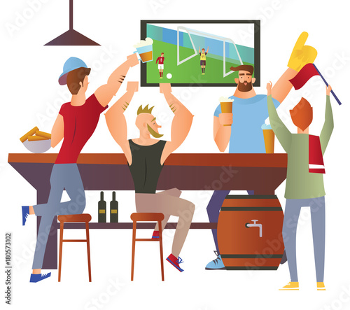 Beer bar - Restaurant. Football fans cheering for the team in a bar. Football match, bar with bartender, alcohol drink. Flat vector illustration on white background. Cartoon character image.