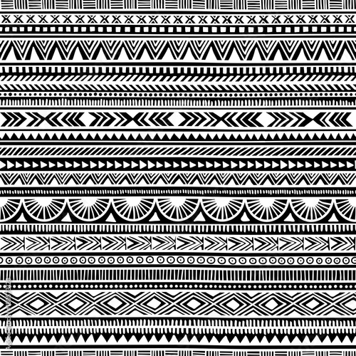 Seamless ethnic pattern. Handmade. Horizontal stripes. Black and white print for your textiles.