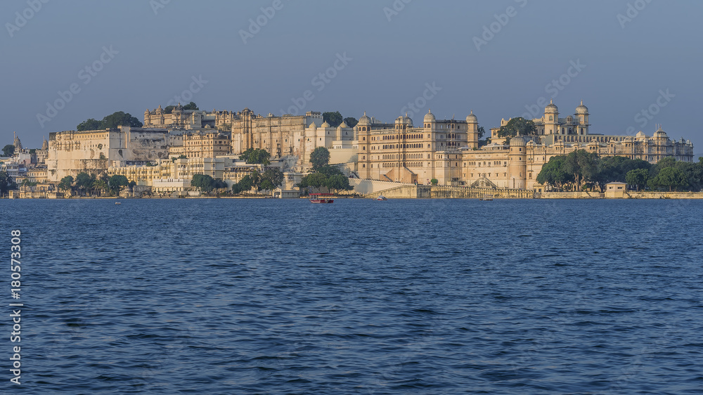 Sunset in Udaipur with a panoramic view on Lake Pichola, Rajasthan, India