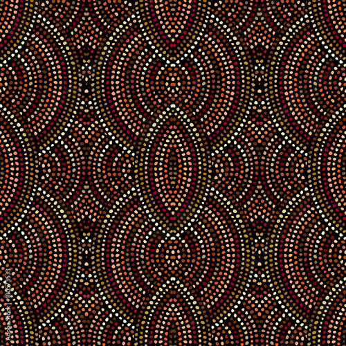 Ethnic boho seamless pattern in african style on black background. Tribal art print. Irregular polka dots pattern.