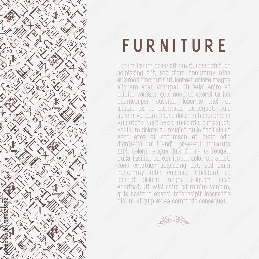 Obraz premium Furniture concept with thin line icons of coach, bookcase, bed, dresser, chair, lamp, floor hanger. Modern vector illustration for banner, web page, print media.