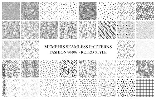 Bundle of Memphis seamless patterns. Fashion 80-90s. Black and white textures photo