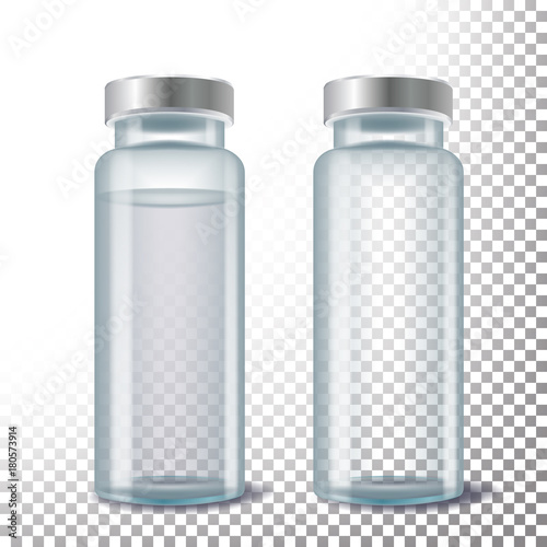 Medical Ampule Vector. 3D Realistic Transparent Glass Medical Ampule. Isolated Illustration