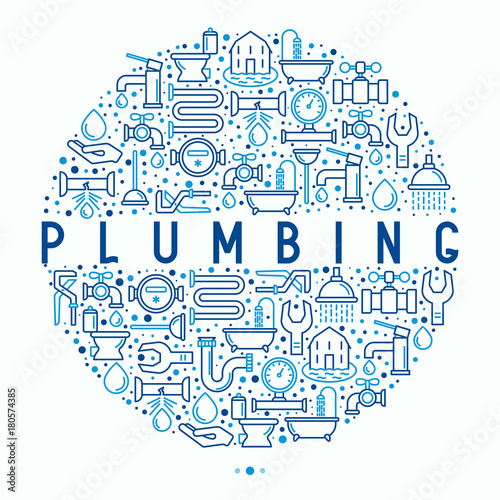 Wallpaper Mural Plumbing concept in circle with thin line icons of bathtub, shower, pipe, wrench, drop, leakage, meter, plunger. Modern vector illustration for banner, web page, print media. Torontodigital.ca