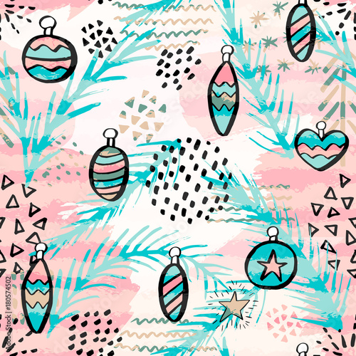 Seamless pattern with Christmas balls. Hand Drawn vector illustration. Background with abstract elements.