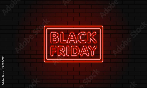 Dark web banner for black Friday sale. Modern neon red billboard on brick wall. Concept of advertising for seasonal offer with glowing neon text