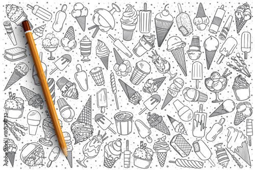 Hand drawn ice cream vector doodle set background