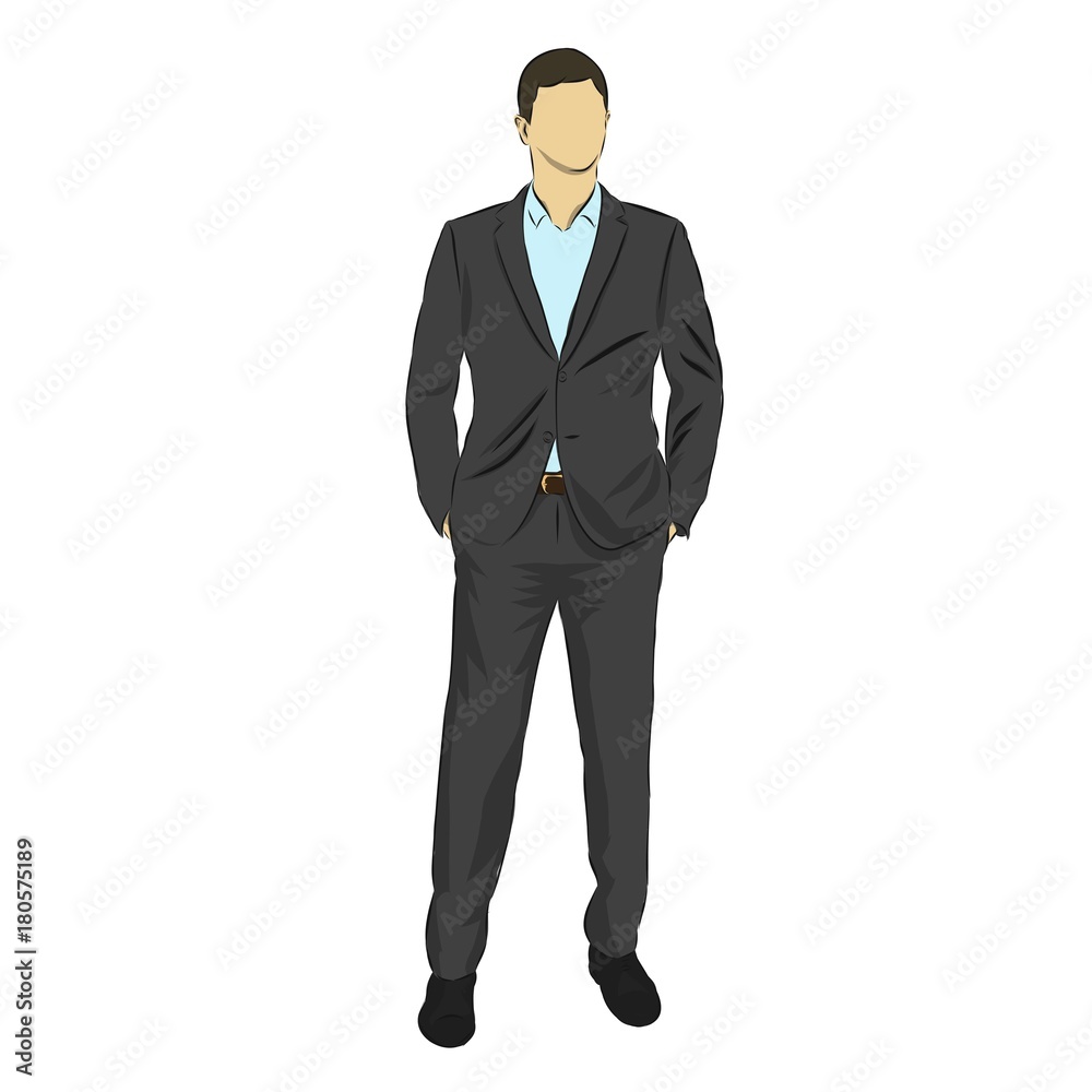 Businessman in gray suit standing with hands in his pockets, isolated vector illutration. Front view Businessman in gray suit standing with hands in his pockets, isolated vector illutration. Front view