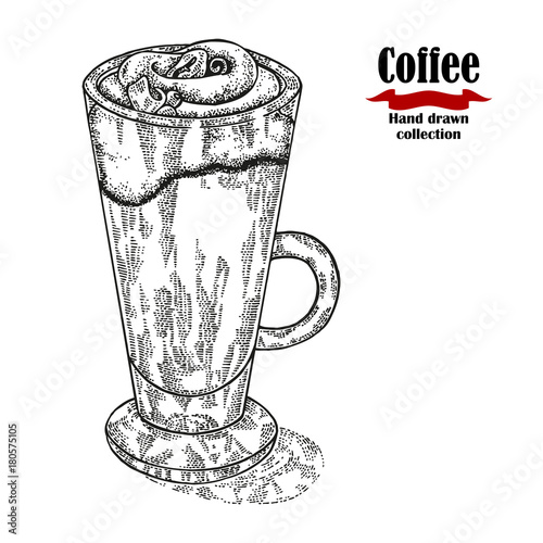 Hand drawn coffee cup isolated on white background. Capuccino vector illustration engraved.