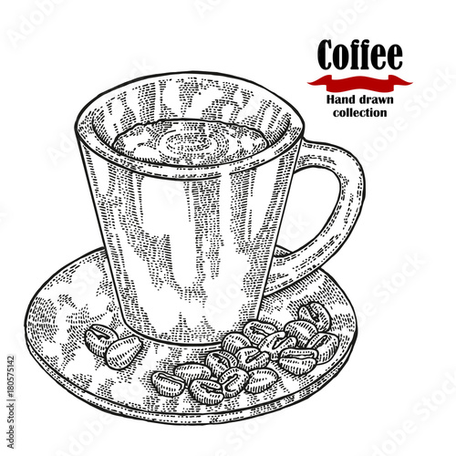 Hand drawn black coffee cup isolated on white background. Espresso vector illustration engraved.