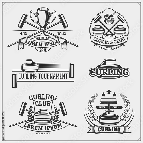 Set of curling labels, emblems and design elements.