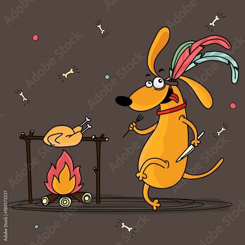 Dog, symbol of year 2018 cooking rooster, symbol of 2017