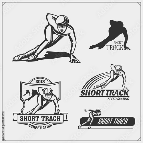 Set of short track emblems, labels and design elements.