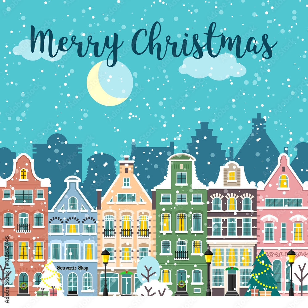 Christmas city street. Winter landscape. Snowy city urban composition. Merry Christmas card and banner. Vector flat cartoon illustration.