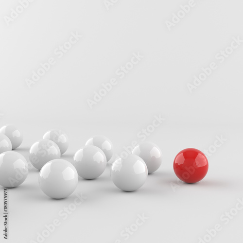 Leadership concept, red leader ball, standing out from the crowd of white balls, on white background. 3D rendering. © Vlad Chorniy