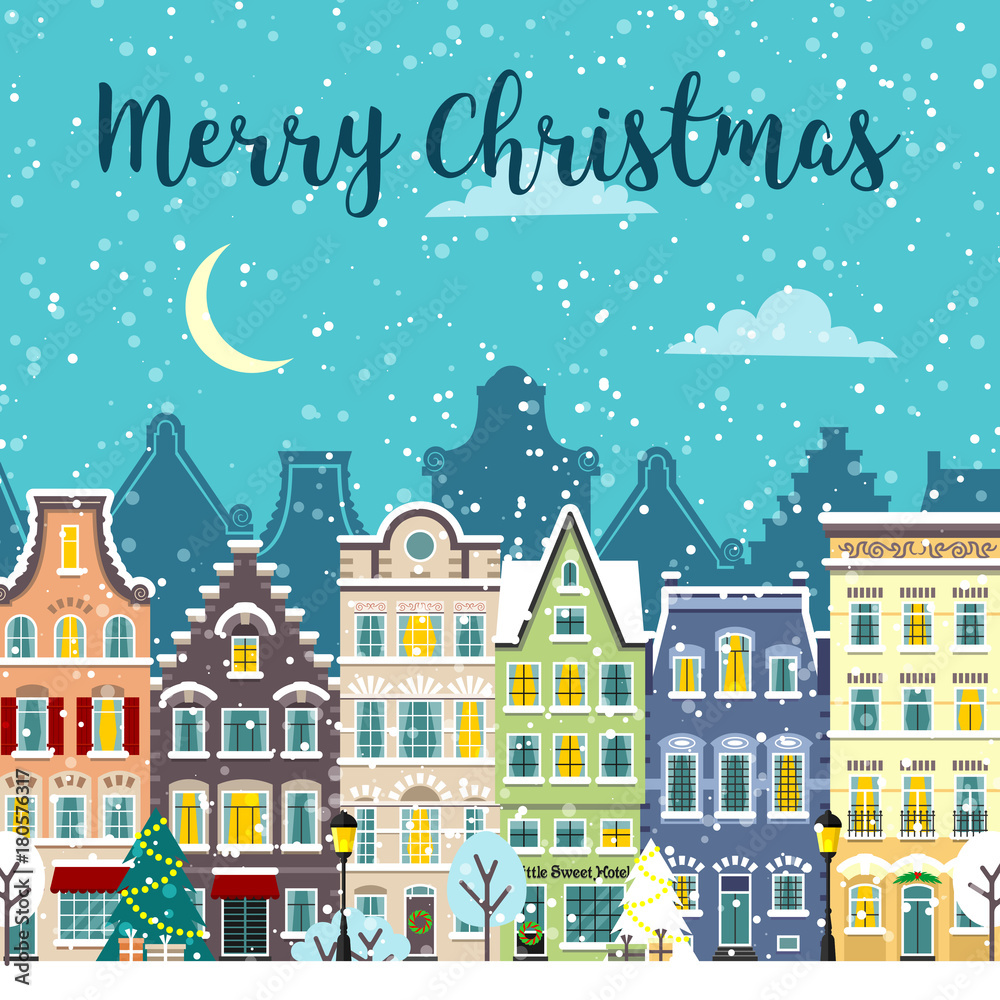 Christmas city street. Winter landscape. Snowy city urban composition. Merry Christmas card and banner. Vector flat cartoon illustration.