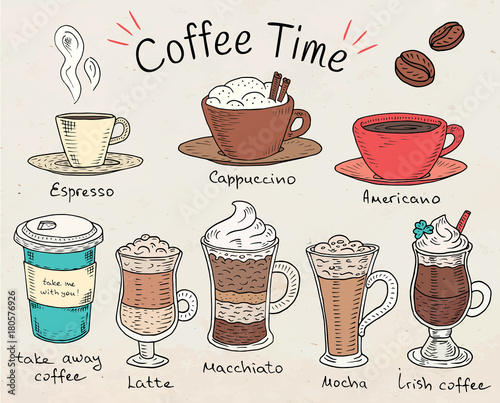 Coffee time. Beautiful illustration of types of coffee. Espresso, cappuccino, american, takeaway, latte, mocha, irish coffee