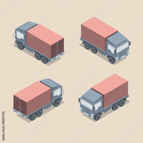 Isometric Truck view front, back, left, right. Flat vector design.