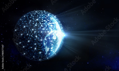 Fototapeta Naklejka Na Ścianę i Meble -  Global Network and data exchange on planet earth in deep space