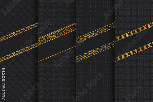 4 dark grey backgrounds with patterns and ornamental frames. Seamless patterns and brushes are included in the palettes