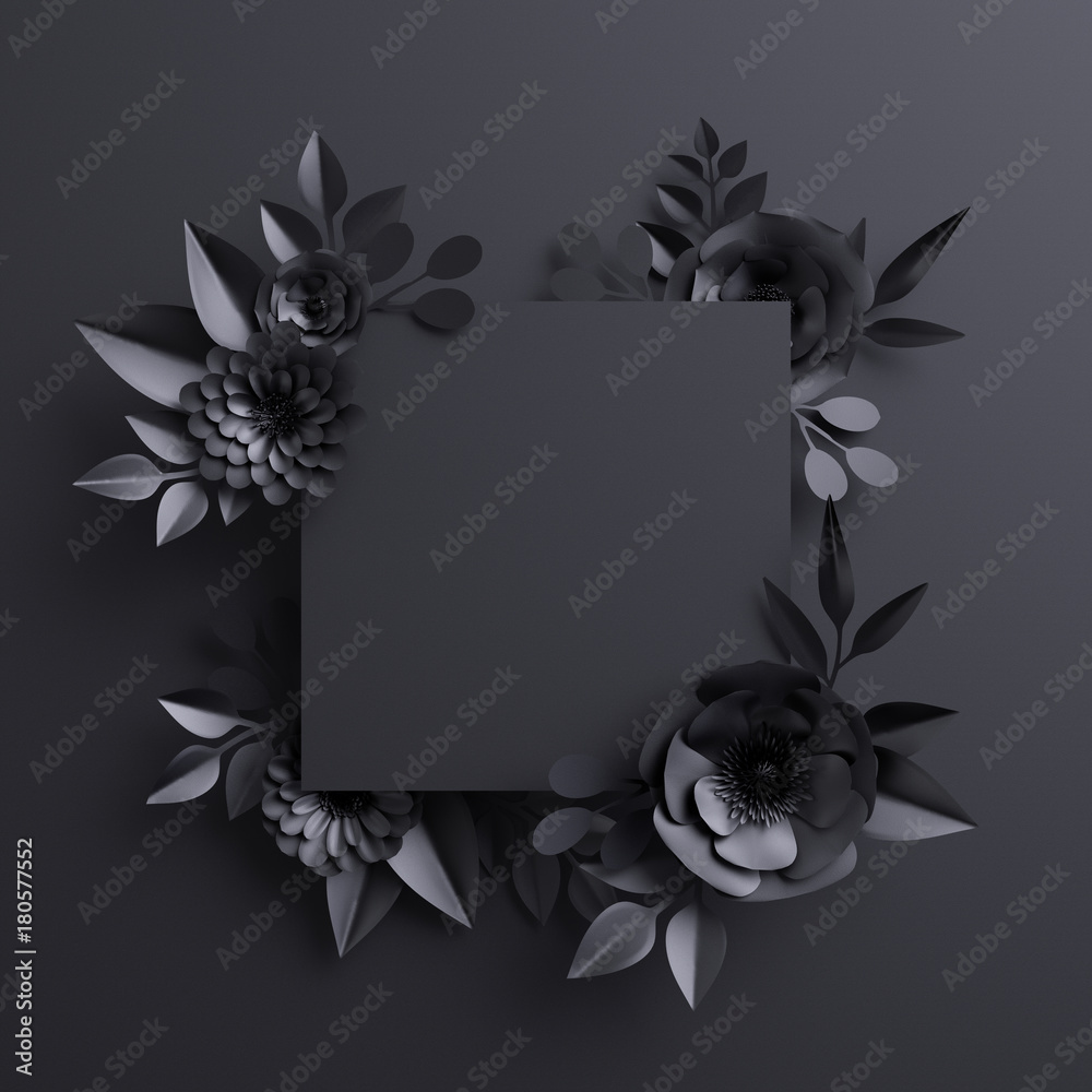 3d render, black paper flowers, botanical background, blank square banner,  floral card, gothic frame Stock Illustration