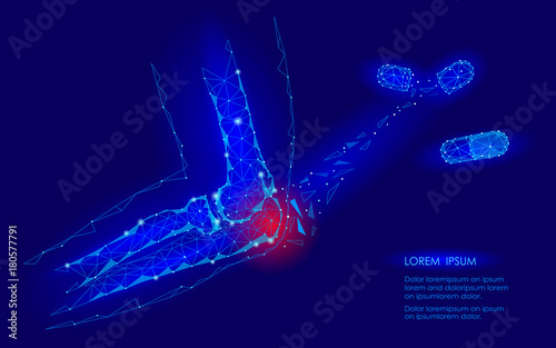 Drug capsule cure elbow joint disease. Red pain area low poly geomentic future medicine concept technology. Innovation medicine science. Arm ulna injury polygonal connection vector illustration